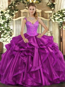 Fuchsia Sleeveless Organza Lace Up Quinceanera Dresses for Military Ball and Sweet 16 and Quinceanera