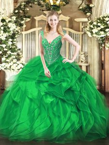 Sleeveless Organza Floor Length Lace Up Sweet 16 Dress in Green with Beading and Ruffles