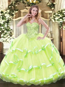 Sleeveless Floor Length Appliques and Ruffled Layers Lace Up Sweet 16 Quinceanera Dress with Yellow Green