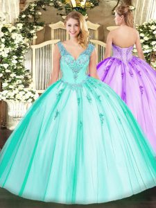 Turquoise Organza and Tulle Lace Up Quince Ball Gowns Sleeveless Floor Length Beading