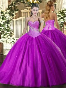Pretty Purple Sleeveless Floor Length Beading Lace Up 15 Quinceanera Dress