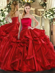 Eye-catching Red Strapless Lace Up Ruffles Quinceanera Gown Sleeveless