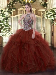 Exceptional Ball Gowns Vestidos de Quinceanera Rust Red Halter Top Organza Sleeveless Floor Length Lace Up
