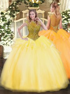 Ideal Floor Length Gold Quinceanera Gown Organza Cap Sleeves Beading and Appliques