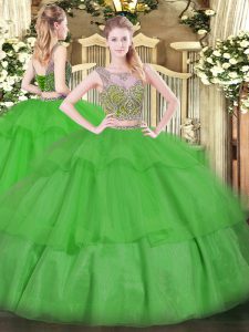 Floor Length Lace Up 15 Quinceanera Dress Green for Military Ball and Sweet 16 and Quinceanera with Beading and Ruffled 