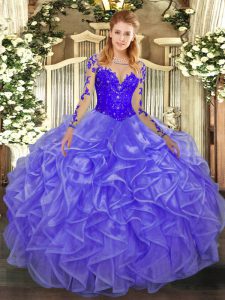 Long Sleeves Lace and Ruffles Lace Up Quince Ball Gowns