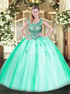 Tulle Scoop Sleeveless Lace Up Beading Quince Ball Gowns in Apple Green