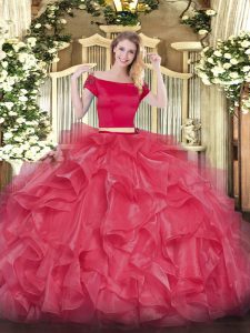 Coral Red Two Pieces Appliques and Ruffles Ball Gown Prom Dress Zipper Organza Short Sleeves Floor Length