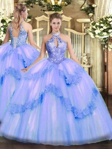 Great Halter Top Sleeveless Lace Up Quinceanera Gowns Blue Tulle
