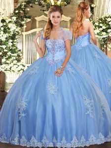 Low Price Light Blue Tulle Lace Up Quinceanera Gown Sleeveless Floor Length Beading and Appliques