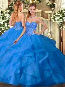 Amazing Blue Ball Gowns Sweetheart Sleeveless Tulle Floor Length Lace Up Appliques and Ruffles 15 Quinceanera Dress