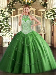 Romantic Green Ball Gowns Tulle Halter Top Sleeveless Beading and Appliques Floor Length Lace Up Sweet 16 Dresses