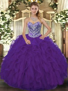 Sweetheart Sleeveless Ball Gown Prom Dress Floor Length Beading and Ruffled Layers Purple Lace