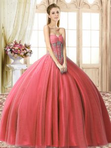 Floor Length Coral Red Quinceanera Gown Sweetheart Sleeveless Lace Up