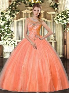 Orange Red Sleeveless Tulle Lace Up Quinceanera Gowns for Sweet 16 and Quinceanera