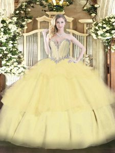 Fancy Gold Ball Gowns Sweetheart Sleeveless Tulle Floor Length Lace Up Beading and Ruffled Layers 15 Quinceanera Dress