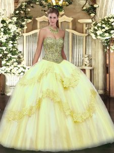 Inexpensive Floor Length Ball Gowns Sleeveless Light Yellow 15th Birthday Dress Lace Up