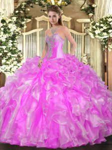 Pretty Organza Sweetheart Sleeveless Lace Up Beading and Ruffles Quinceanera Gown in Lilac