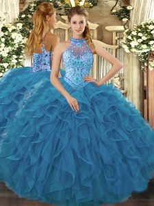 Stunning Sleeveless Organza Floor Length Lace Up Sweet 16 Dresses in Teal with Embroidery and Ruffles