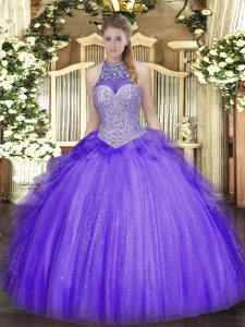Charming Halter Top Sleeveless Lace Up Quinceanera Gown Lavender Tulle