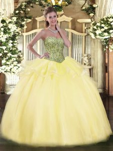 Fancy Floor Length Lace Up Sweet 16 Dress Light Yellow for Military Ball and Sweet 16 and Quinceanera with Beading and R