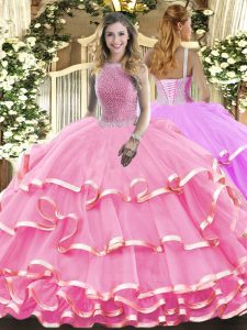 Dynamic Floor Length Rose Pink Quinceanera Dresses Organza Sleeveless Beading and Ruffled Layers