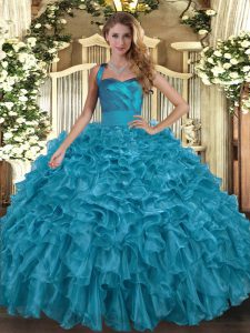 Latest Teal Ball Gowns Halter Top Sleeveless Organza Floor Length Lace Up Ruffles Quinceanera Dresses
