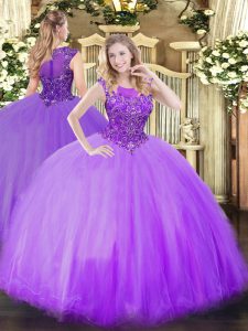 Glittering Lilac Tulle Zipper 15th Birthday Dress Sleeveless Floor Length Beading