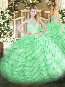 Apple Green Sleeveless Lace and Ruffles Zipper Quinceanera Dress