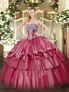 Fashion Hot Pink Sleeveless Floor Length Beading and Ruffled Layers Lace Up Sweet 16 Dresses