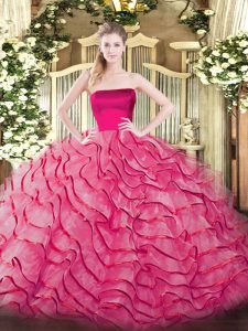 Fancy Hot Pink Zipper Strapless Ruffled Layers Quince Ball Gowns Tulle Sleeveless Brush Train