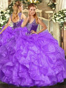 Lavender Straps Neckline Beading and Ruffles Quinceanera Dresses Sleeveless Lace Up