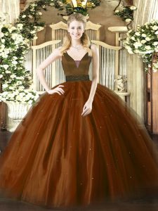 Sleeveless Tulle Floor Length Zipper Quinceanera Dress in Brown with Beading