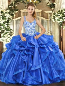 Ball Gowns Quinceanera Gowns Blue Straps Organza Sleeveless Floor Length Lace Up