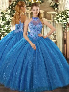 Sleeveless Floor Length Beading and Embroidery Lace Up 15th Birthday Dress with Blue