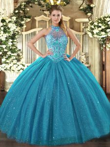Hot Sale Floor Length Ball Gowns Sleeveless Teal Quinceanera Dresses Lace Up