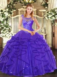 Blue Tulle Lace Up Sweet 16 Dress Sleeveless Floor Length Beading and Ruffles