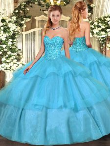 Lovely Aqua Blue Sleeveless Floor Length Beading and Ruffled Layers Lace Up Quinceanera Gown