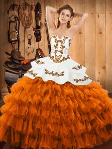 Custom Design Sweetheart Sleeveless 15 Quinceanera Dress Floor Length Embroidery and Ruffled Layers Rust Red Tulle