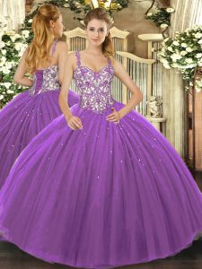 Sleeveless Floor Length Beading and Appliques Lace Up Quinceanera Gown with Purple
