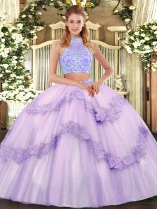 Lavender Halter Top Lace Up Beading and Appliques and Ruffles 15 Quinceanera Dress Sleeveless