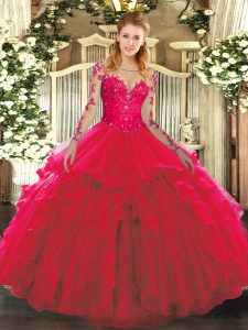 Free and Easy Red Long Sleeves Lace and Ruffles Floor Length Sweet 16 Dresses