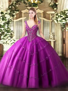 Tulle V-neck Sleeveless Lace Up Beading and Appliques Quinceanera Gowns in Fuchsia