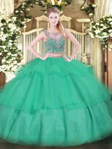 Turquoise Sleeveless Beading and Ruffled Layers Floor Length Sweet 16 Dresses