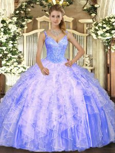 Floor Length Lace Up Vestidos de Quinceanera Lavender for Military Ball and Sweet 16 and Quinceanera with Beading and Ru