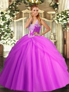 Sleeveless Tulle Floor Length Lace Up Sweet 16 Dresses in Lilac with Beading and Pick Ups