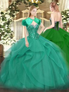 Turquoise Sweetheart Lace Up Beading and Ruffles Ball Gown Prom Dress Sleeveless