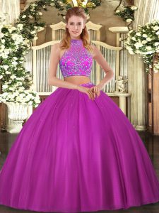 Eye-catching Sleeveless Tulle Floor Length Criss Cross Sweet 16 Quinceanera Dress in Fuchsia with Beading