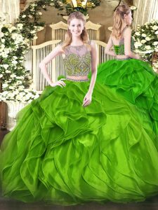 High Quality Green Scoop Neckline Beading and Ruffles Quinceanera Gown Sleeveless Lace Up
