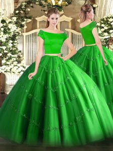 Most Popular Green Two Pieces Off The Shoulder Short Sleeves Tulle Floor Length Zipper Appliques Quinceanera Dresses